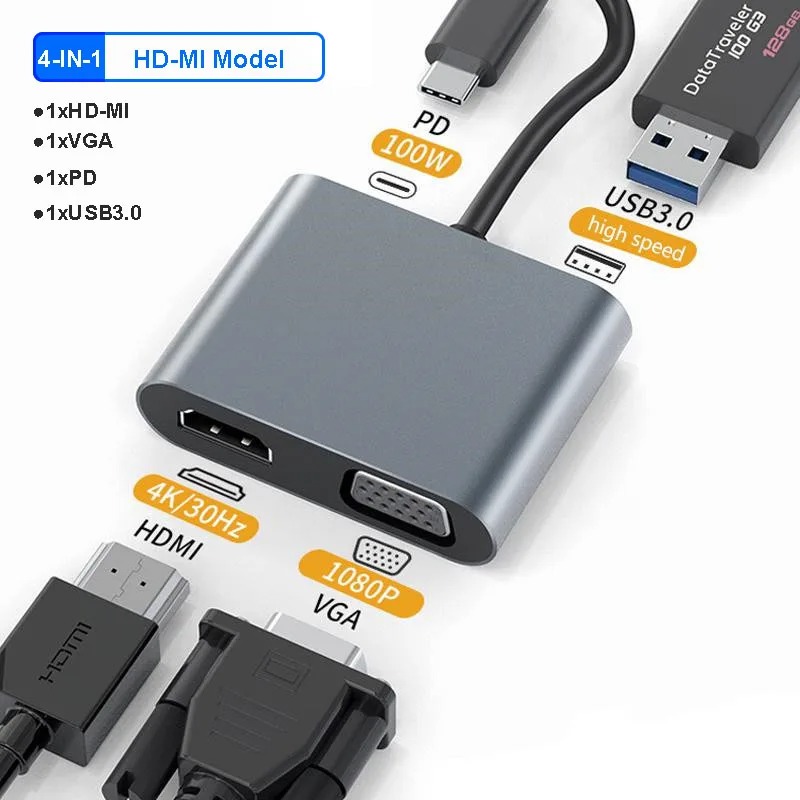 TYPE C HUB, 4IN1 USB-C HUB, GT-HUBC-4IN1H+V