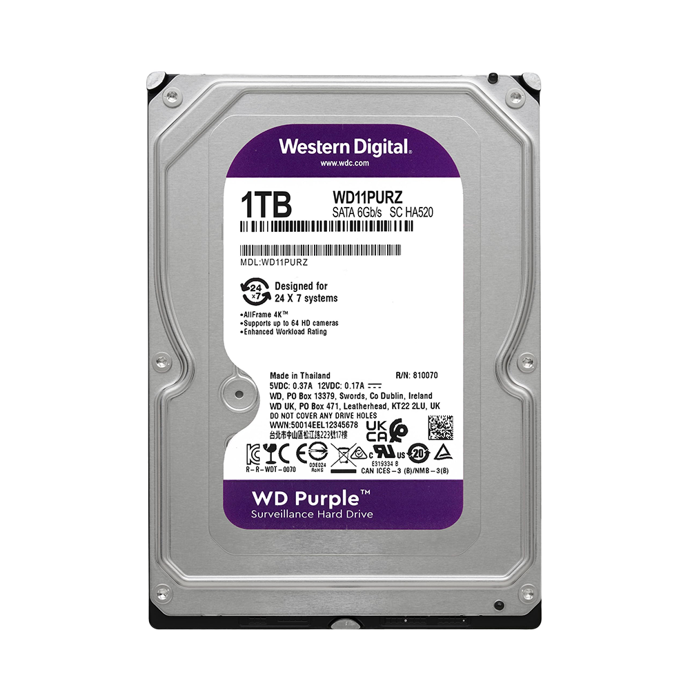 Western Digital 1TB WD Purple Surveillance Internal Hard Drive HDD - SATA 6 Gb/s, 64 MB Cache, 3.5" - WD11PURZ