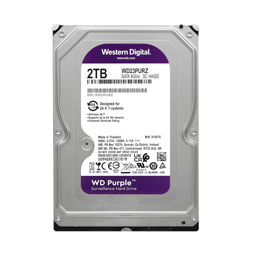 Western Digital 2TB WD Purple Surveillance Internal Hard Drive HDD – SATA 6 Gb/s, 64 MB Cache, 3.5″ – WD23PURZ