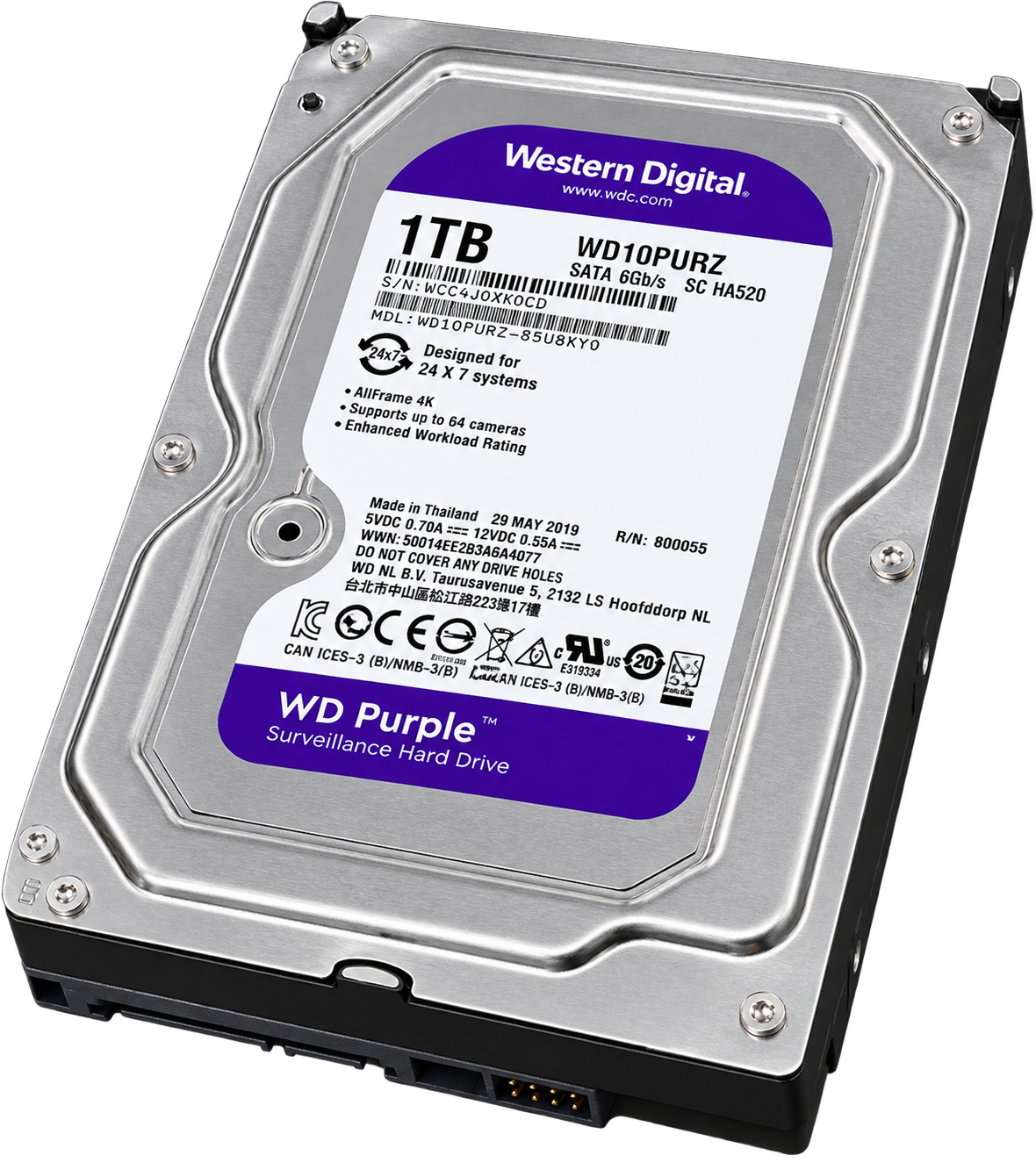 Western Digital 1TB WD Purple внатрешен хард диск (HDD) за видеонадзор – SATA 6 Gb/s, 64 MB кеш, 3,5″ – WD11PURZ